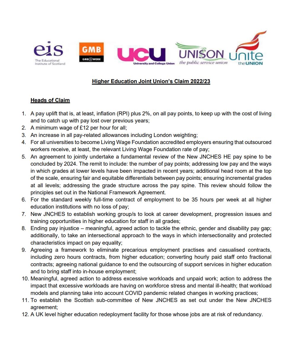 Higher Education Joint Union’s Claim 2022/23 | EIS